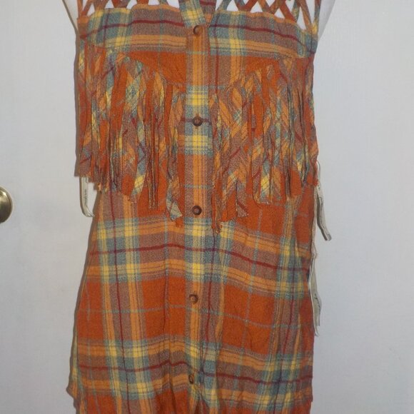 GIMMICKS SIZE X-LARGE RUST ORANGE BUTTON DOWN SLEEVELESS FRINGE SHIRT - Picture 3 of 10